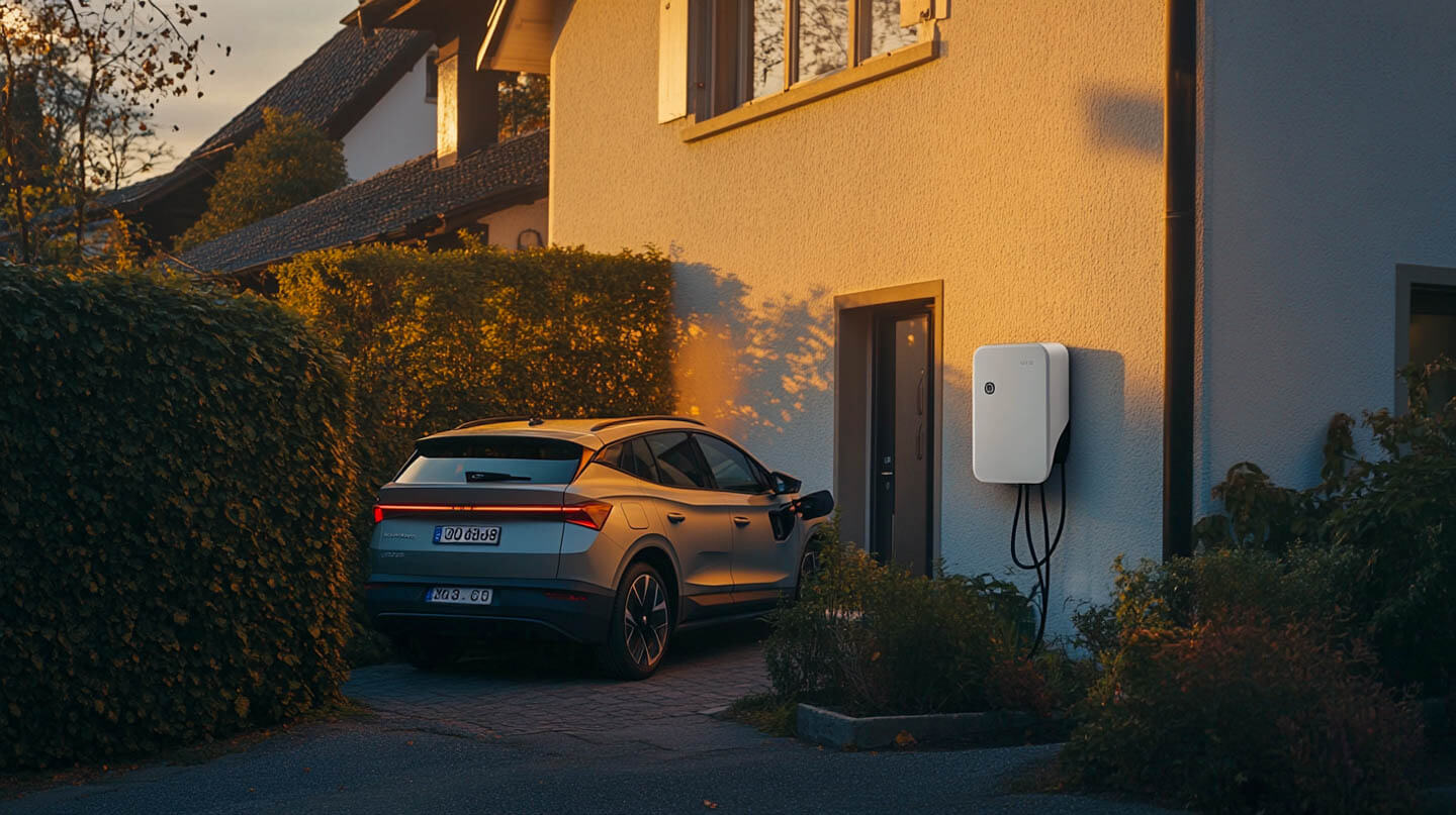 Familie zuhause, im Hintergrund lädt das E-Auto an einer frisch installierten Wallbox nach dem Verteiler-Upgrade